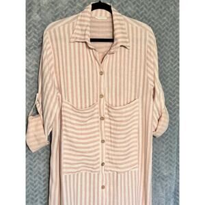 Scandal Made in Italy 100% Linen Dress Pink/White Button Front Maxi Lagenlook